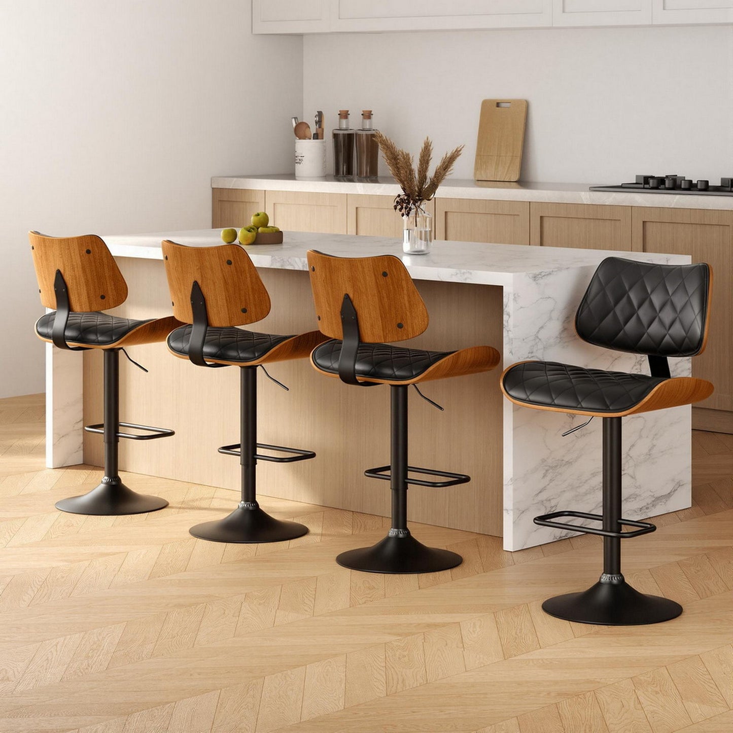 Artiss 4x Bar Stools Kitchen Dining Chairs Gas Lift Stool Wooden Leather Black