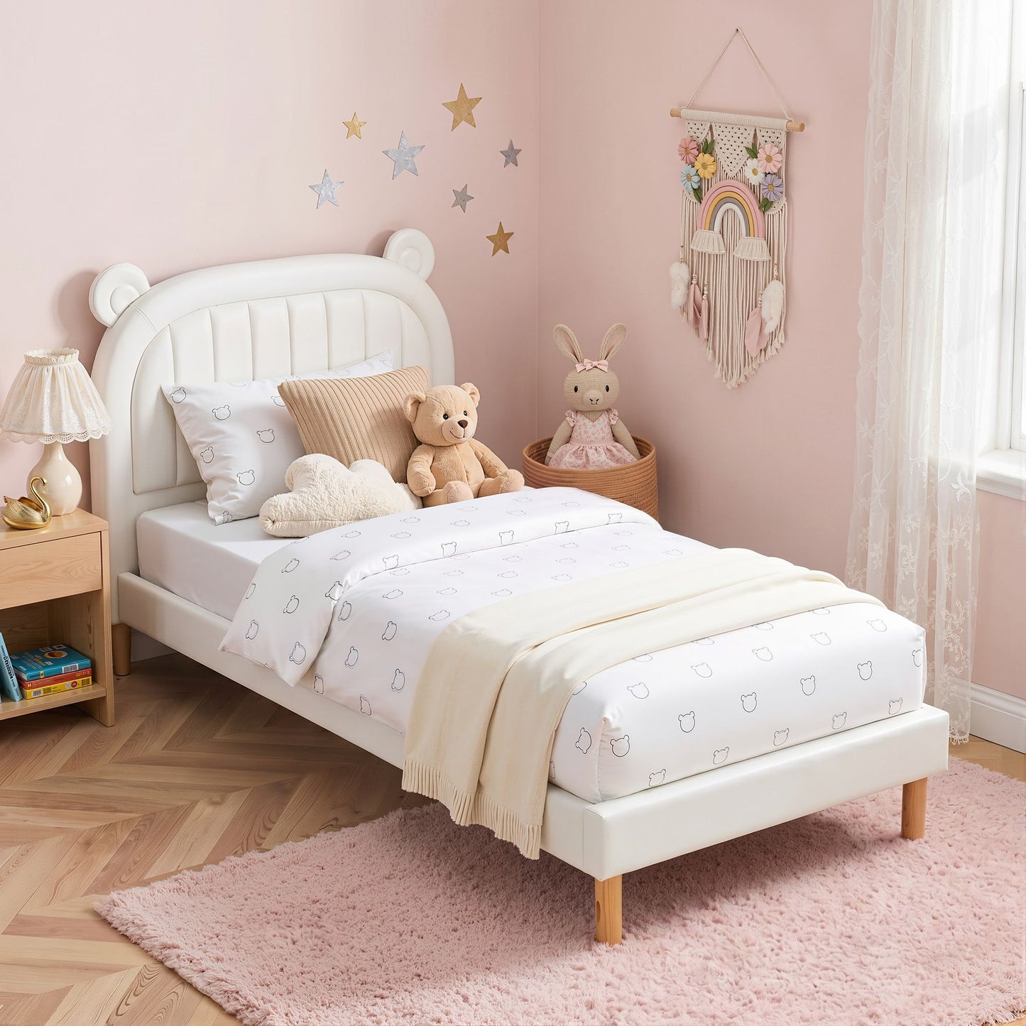 Artiss Kids King Single Bed Frame Bear Ears Headboard Upholstered Leather Platform Bed for Child
