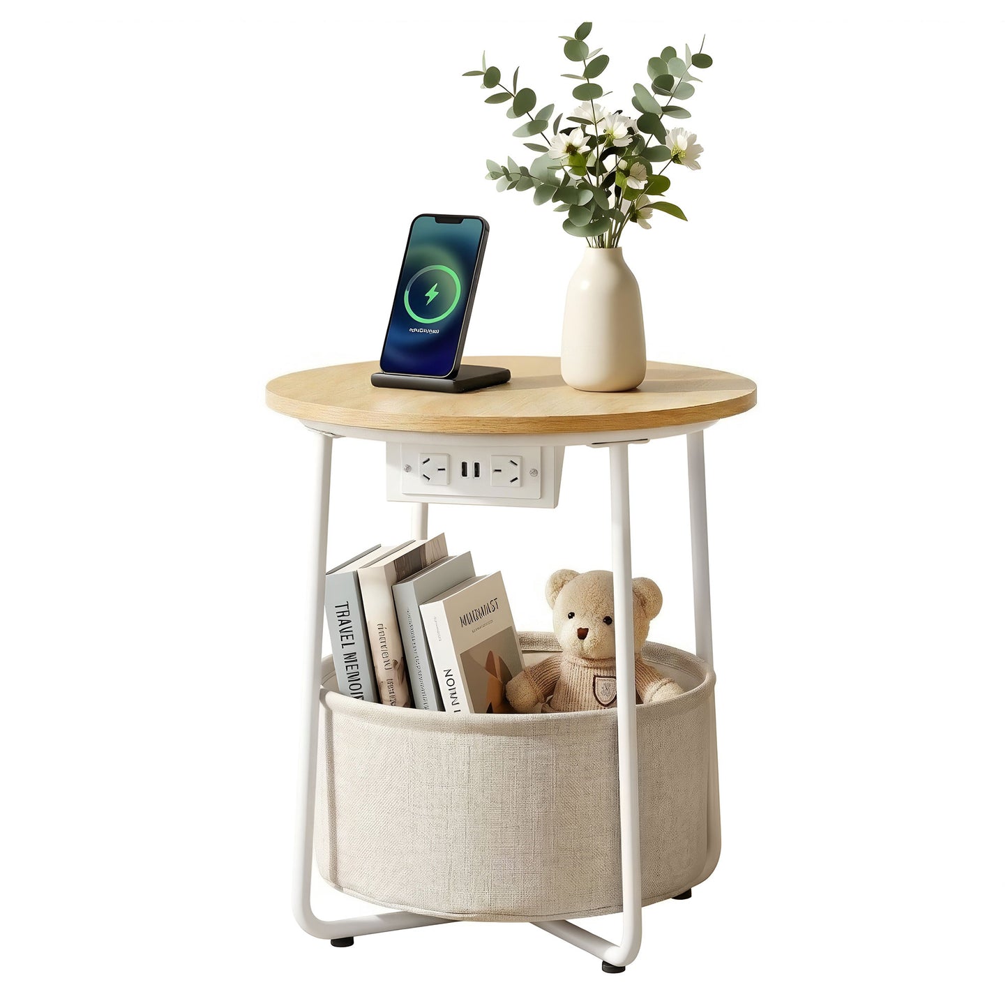 Artiss Round Coffee Table Side End Table Charging Station Storage Basket