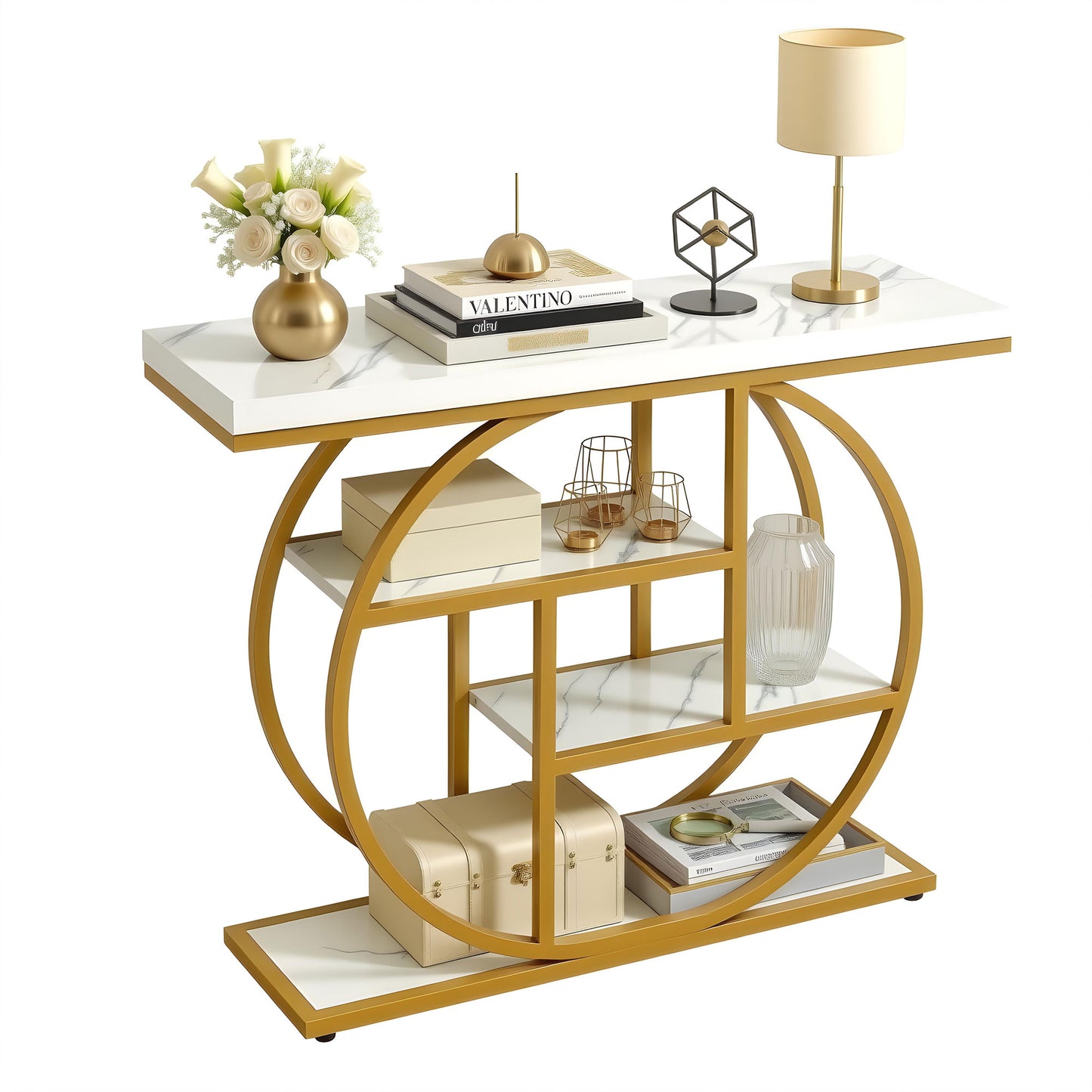 Artiss Console Table Marble Effect 4-Tier Shelves 105CM White&Gold