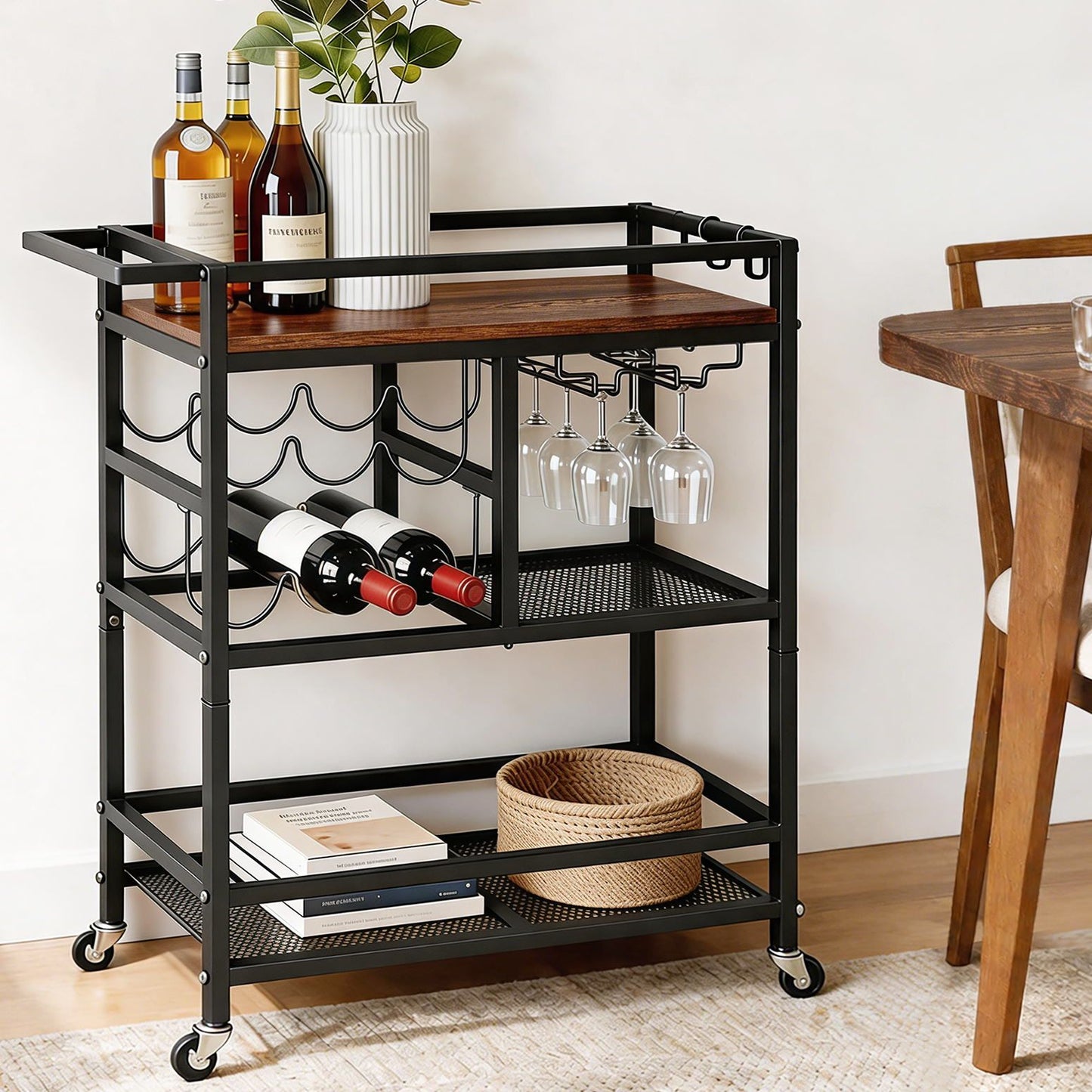 Artiss Bar Cart Drinks Trolley Serving Wine Rack Glass Holder 3 Hooks 72cm Black