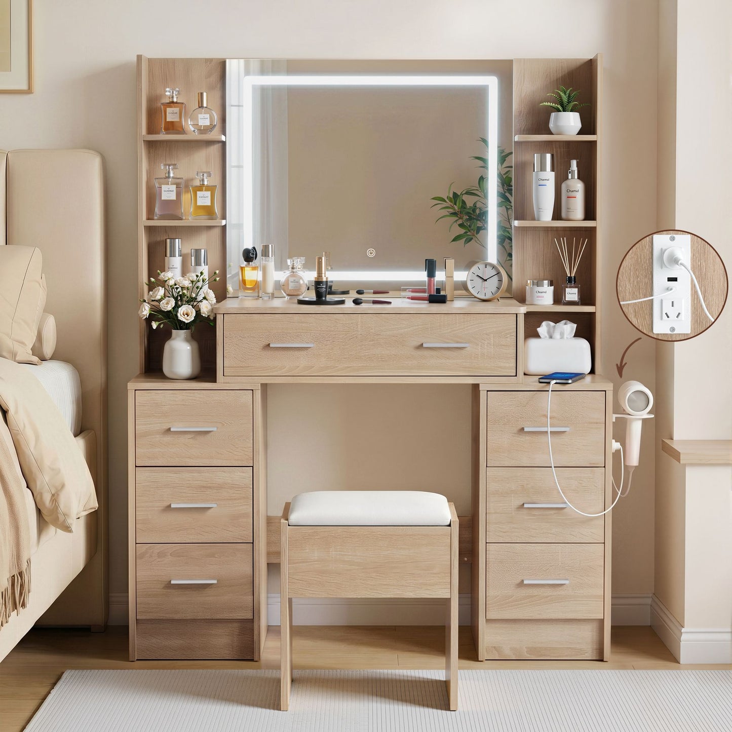 Artiss Dressing Table Vanity Desk Set Stool LED Charging Station Wood