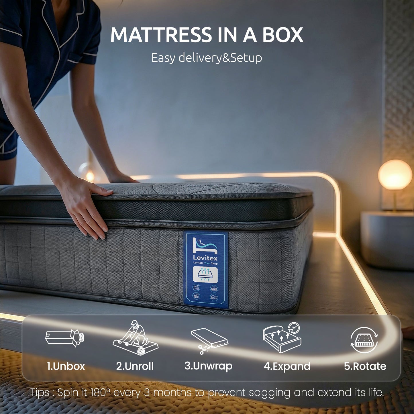 Levitex Single Mattress 33 cm 7-Zone Pocket Spring 8.0 Extra Firm with Dual-Row Edge Support & Breathable Knit Cover