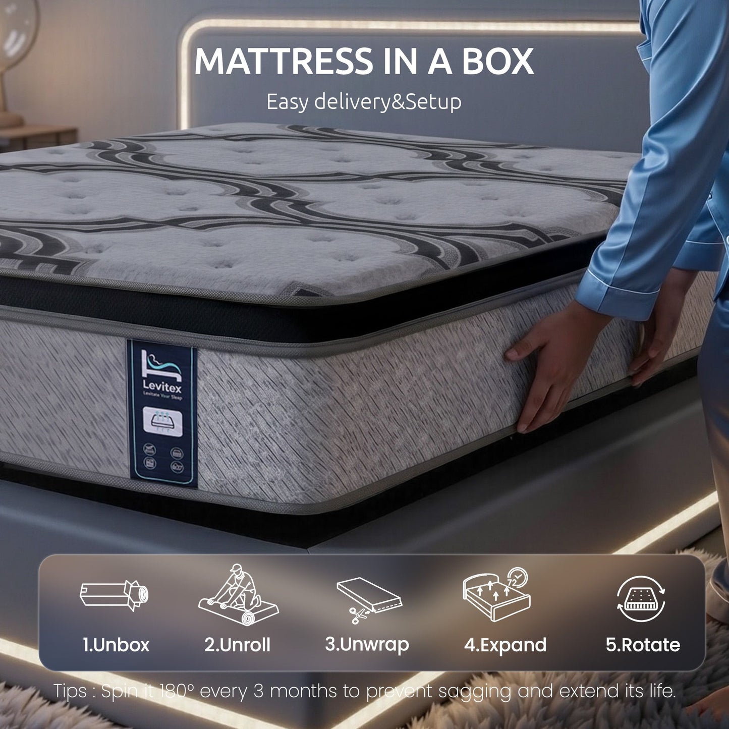 Levitex King Single Mattress 34 cm 5-Zone Pocket Spring with Latex & Memory Foam or Extra Lumbar & Shoulder Support
