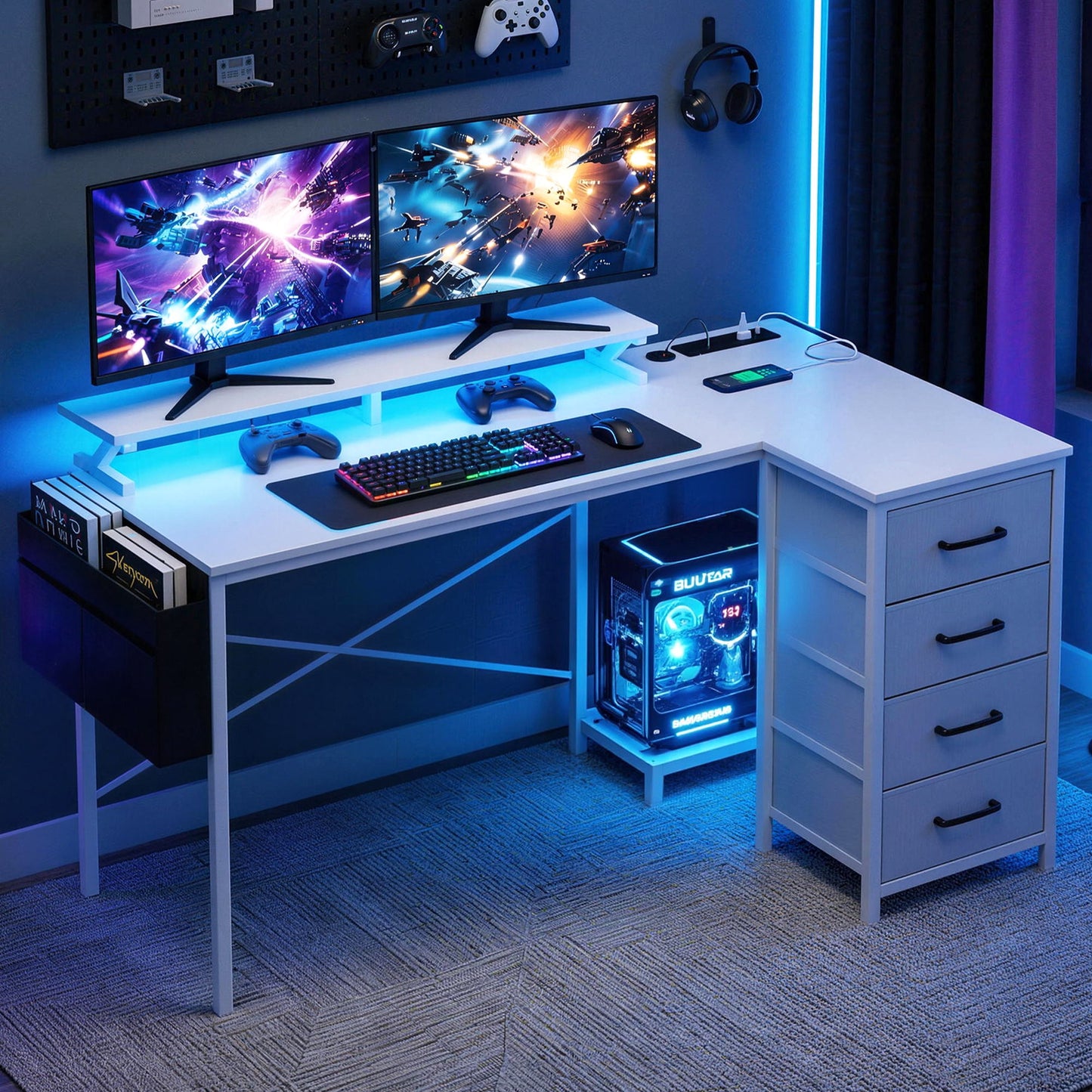Artiss 140cm L Shaped Gaming Desk Computer Desk with LED Lights & Power Outlets