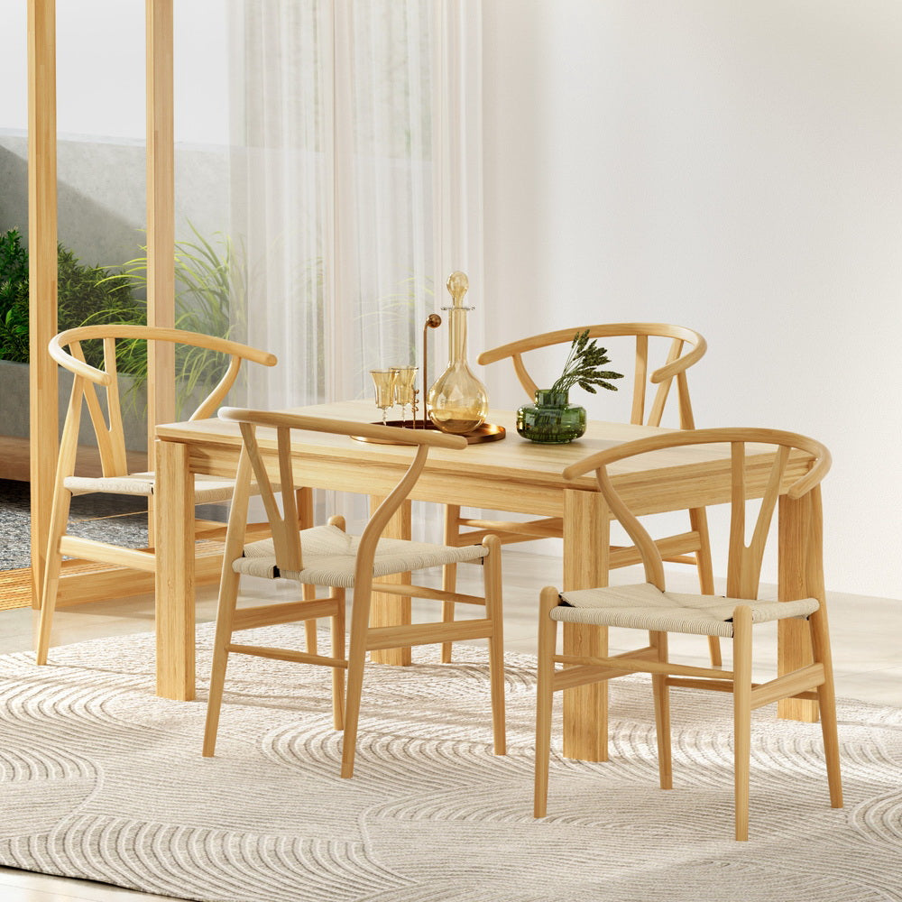 1 Set of 4 Artiss Dining Chairs Wooden Rattan Seat Wishbone Back