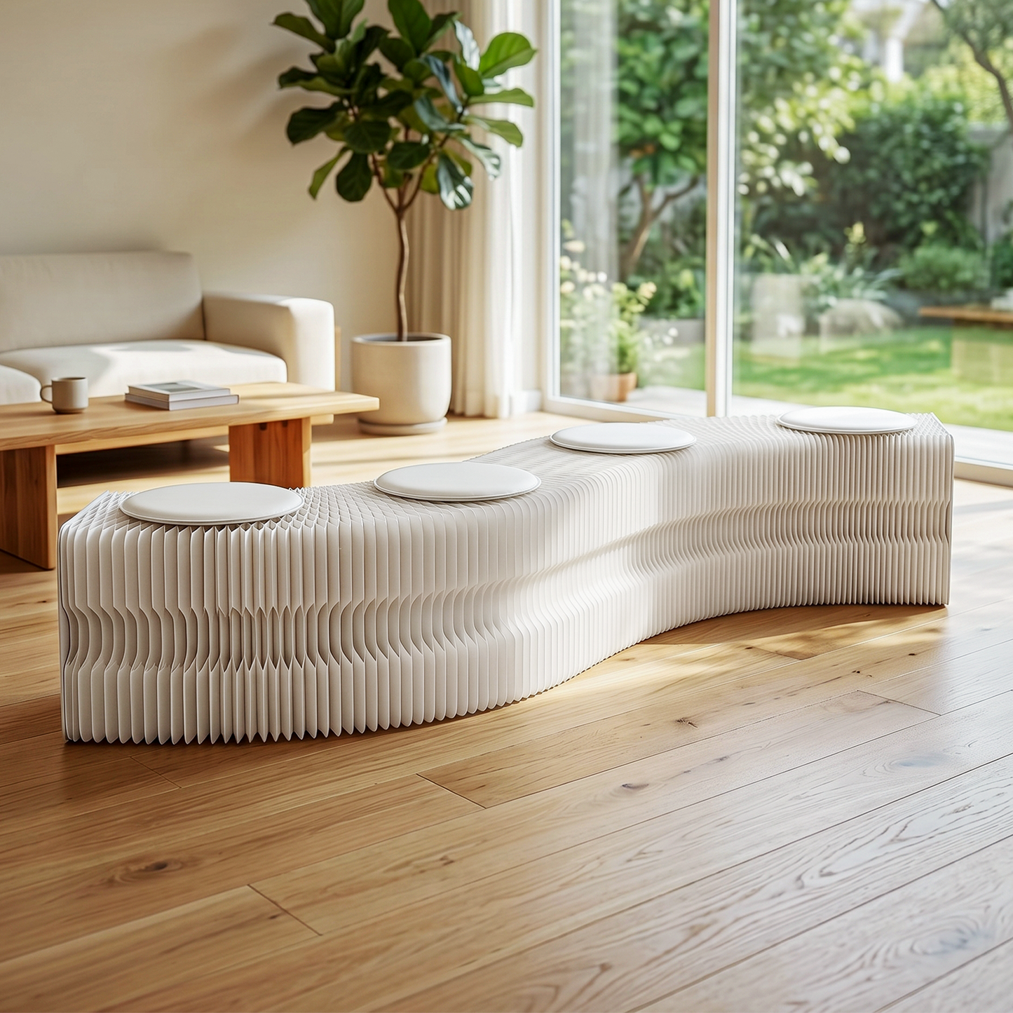 Artiss Folding Paper Bench With 4 PU Leather Seat Pads Expandable Accordion Stool For 4 Seats