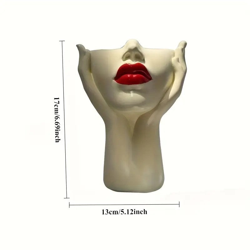 Gazing Muse — "Hands-on Beauty" Resin Brush Holder with Sculpted Bust Design.1 Piece Elegant Resin Makeup Brush Holder with Red Lips Design - Lightweight Synthetic Cosmetics Organizer Box, Standalone Desktop Storage Case for Bathroom or Dressing Table