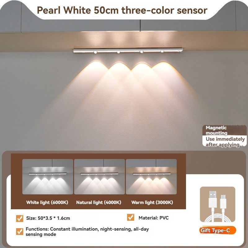 LED Strip Light Motion Sensor Light Rechargeable Light Magnetic Strip Light USB - White - Size 30CM