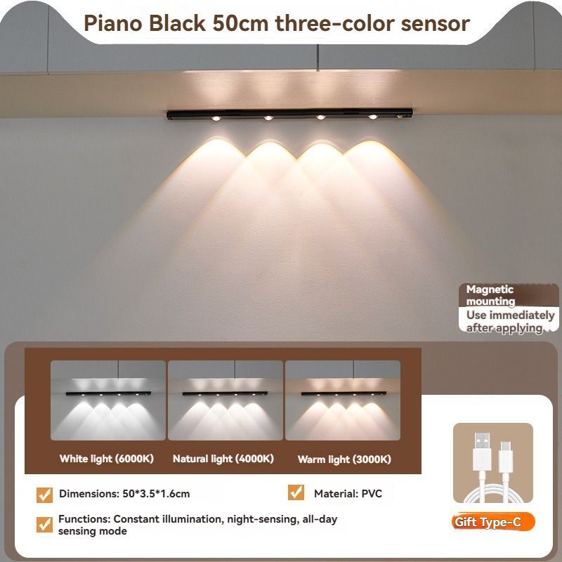 LED Strip Light Motion Sensor Light Rechargeable Light Magnetic Strip Light USB - Black - Size 120CM