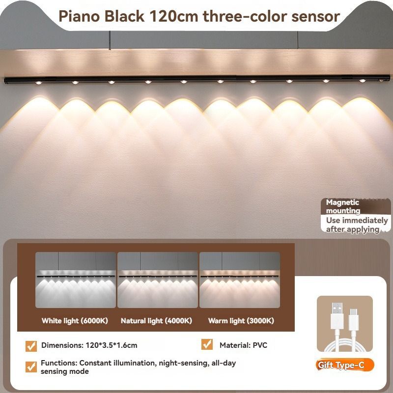 LED Strip Light Motion Sensor Light Rechargeable Light Magnetic Strip Light USB - Black - Size 40CM