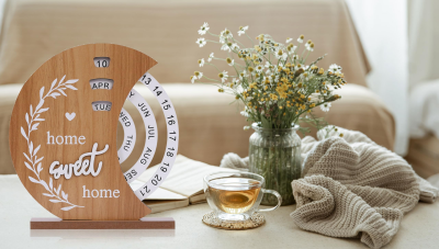 Wooden Perpetual Calendar with Rotating Discs – Elegant Desk Decor for Home & Office, “Home Sweet Home” Design (Natural Wood)