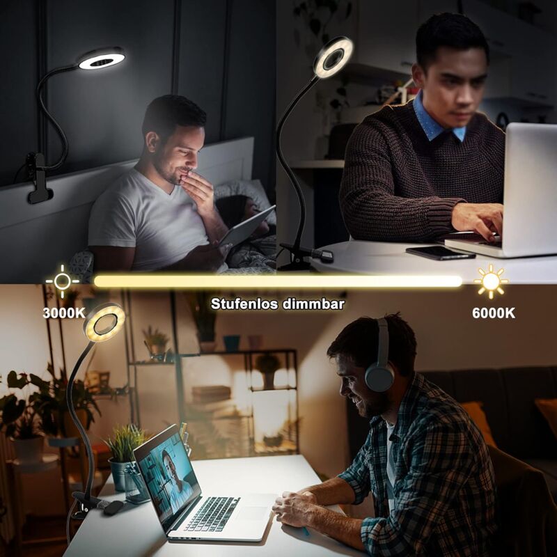 360° Flexible LED Clip-On Lamp 3 Modes 10 Dimmable Levels For Headboard Bedroom Office 12W With Ce Adapter Black