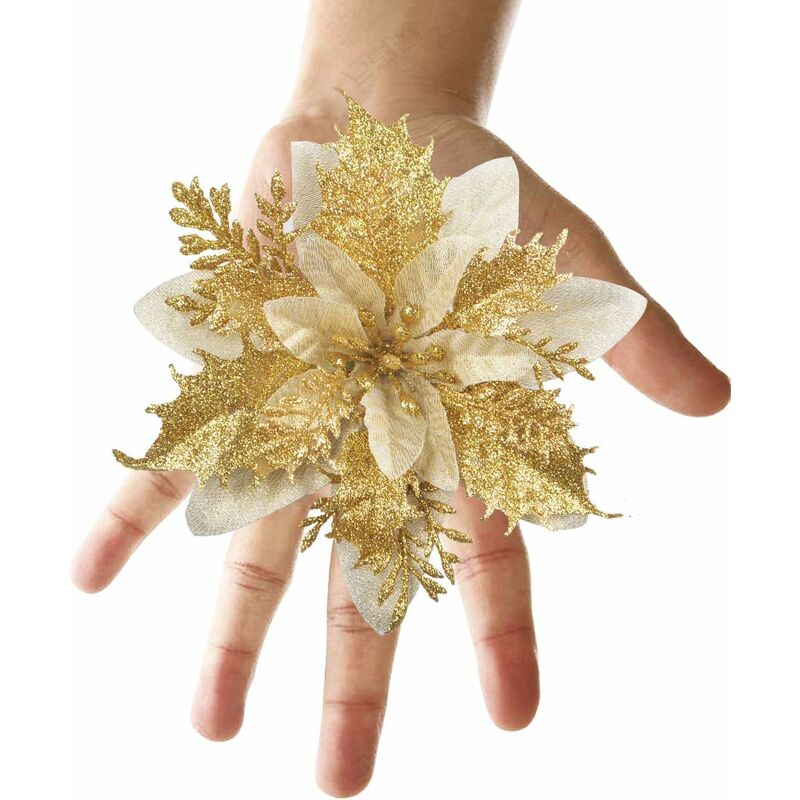 12 pcs Glitter Christmas Flowers (15Cm) With 12 pcs Artificial Poinsettia For Christmas Tree(Gold)