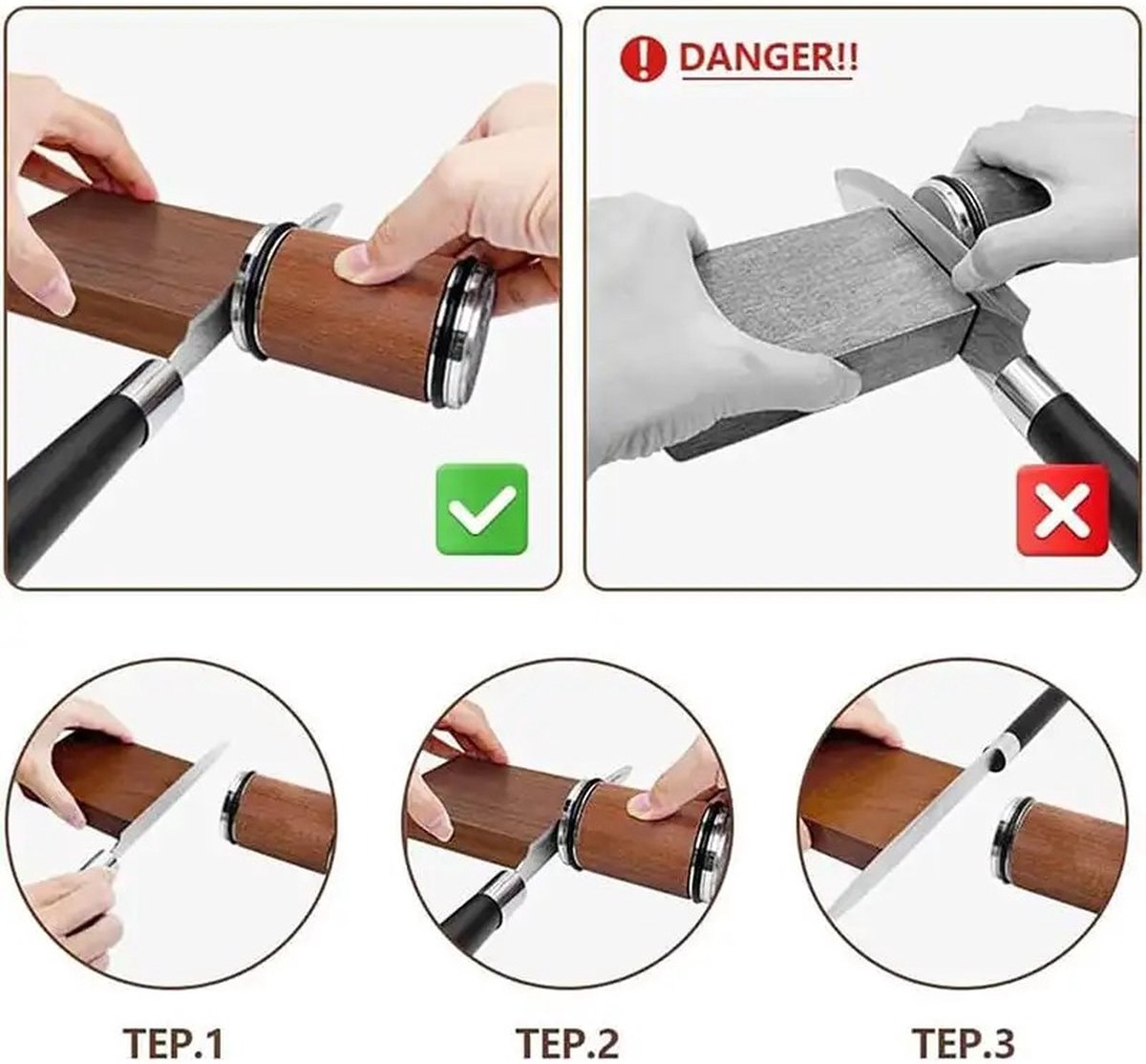 BoerCom® Rolling Knife Sharpener, Knife Sharpener, Diamond Disc, Kitchen Knife Sharpening System, 15° and 20° Sharpening Angles, Wood Color