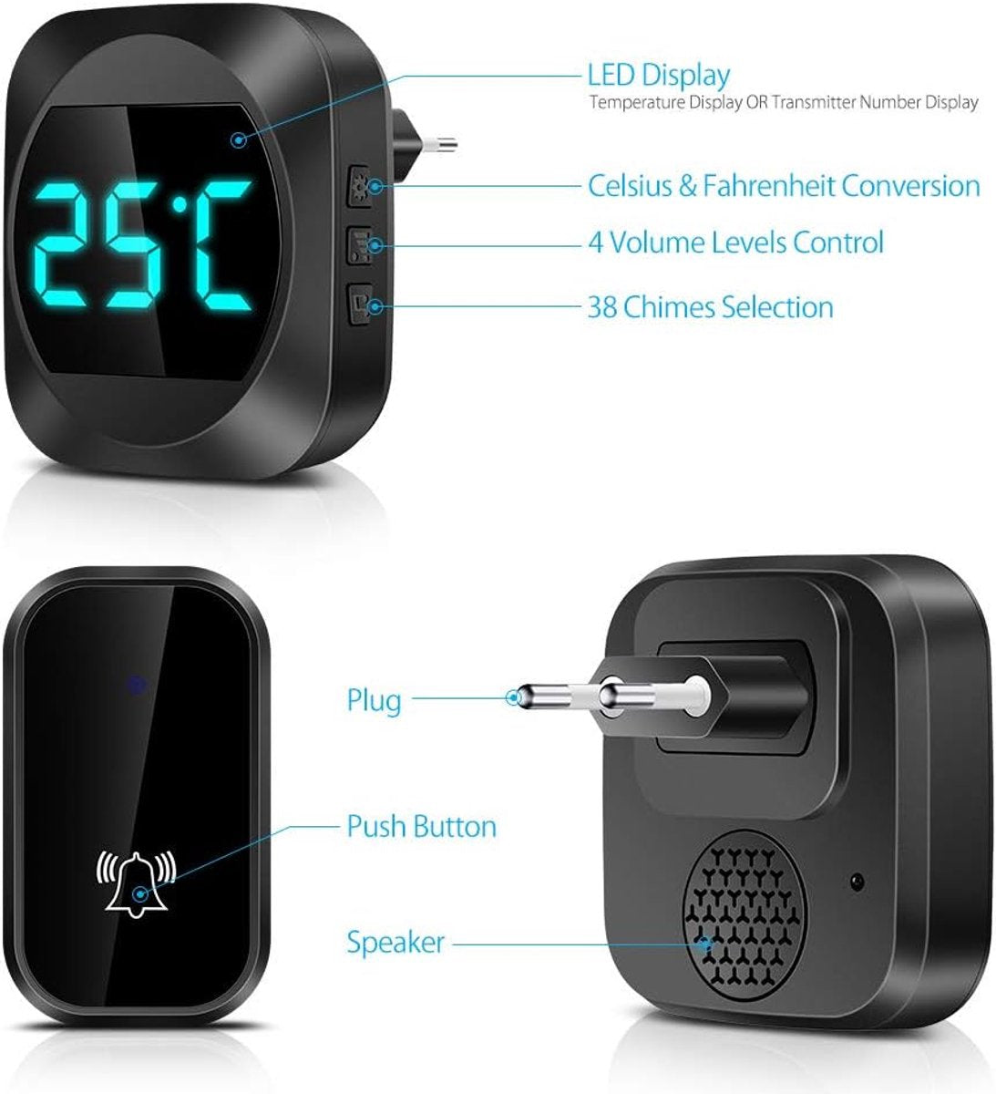 Wireless doorbell with LED, temperature display, waterproof electronic doorbell kit, with 2 plug-in receivers, 150m range, 4 volume levels, 38 melodies