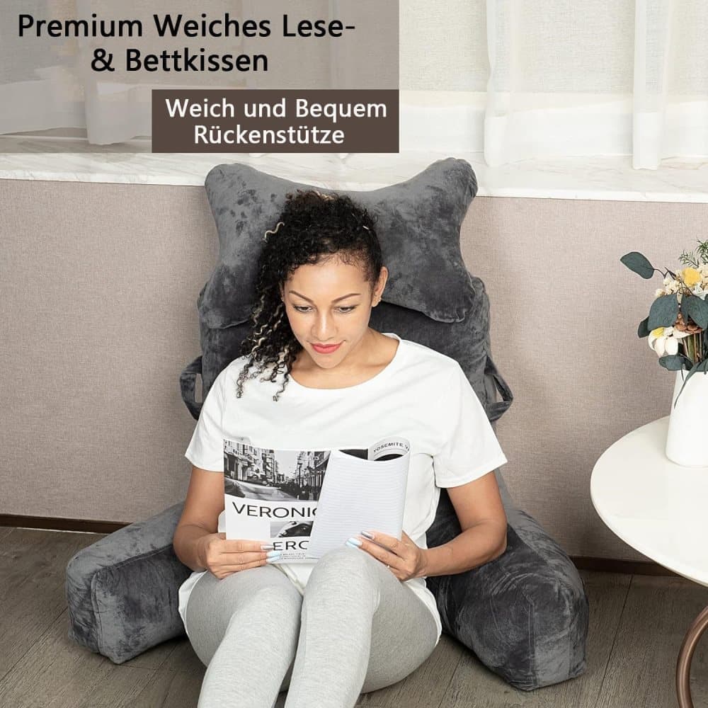 1 Piece Extra Large Back Cushion with Armrests for Bed and Sofa, Gray
