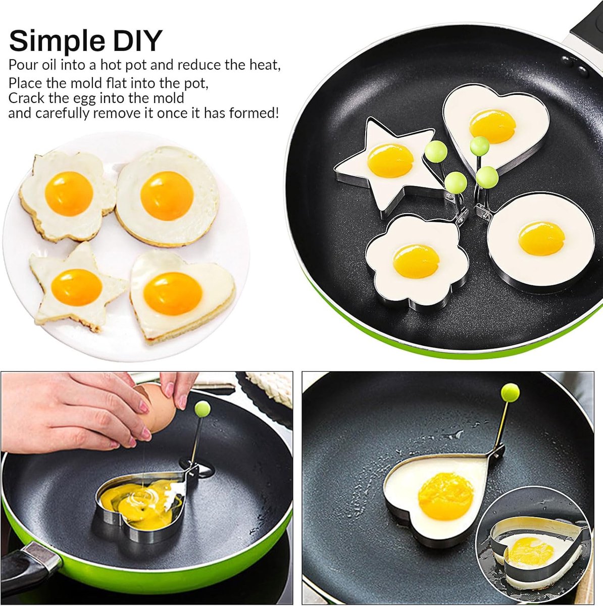 Egg ring - 4-piece - Heart-shaped egg ring - Practical egg rings - Cooking ring - Pancake maker - heart star flower and round egg cooker ring - Baking accessory - kitchen tool - for frying eggs - Stainless steel