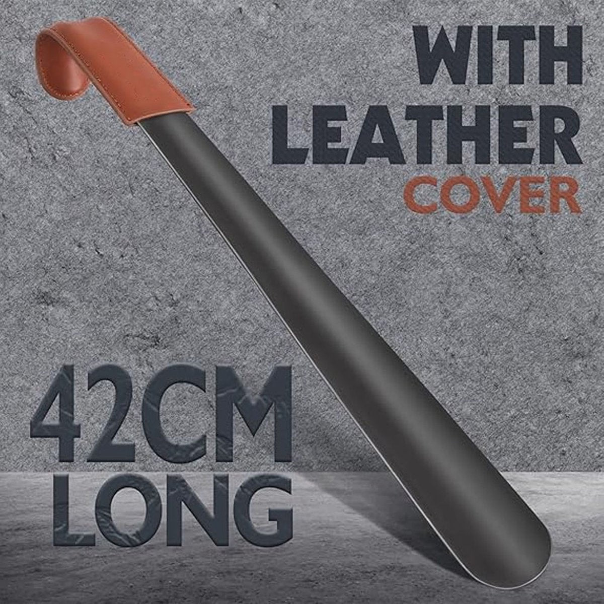 Long Shoehorn - 42cm - Stainless Steel - Shoe Puller - Shoe Horn - Leather Handle - With Leather Pouch - Durable and Extra Strong - Easy to Put On Shoes - Can Be Hung - Black