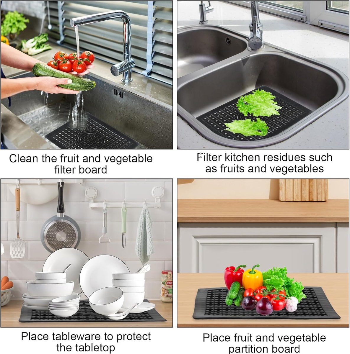 Two-piece sink mat - rubber sink mat - sink protector - sink mat - backsplash - sink protection - drain mat - under-sink kitchen mat - black - rectangular - 31.5 x 26 cm