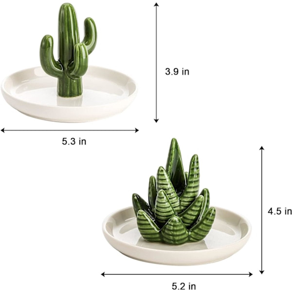 Two-Piece Jewelry Display Set - Aloe Vera and Cactus Ring Organizer Set - Ceramic - Jewelry Organizer - Bracelet, Earring, and Necklace Organizer with Leaf Decorations - Decorative Items