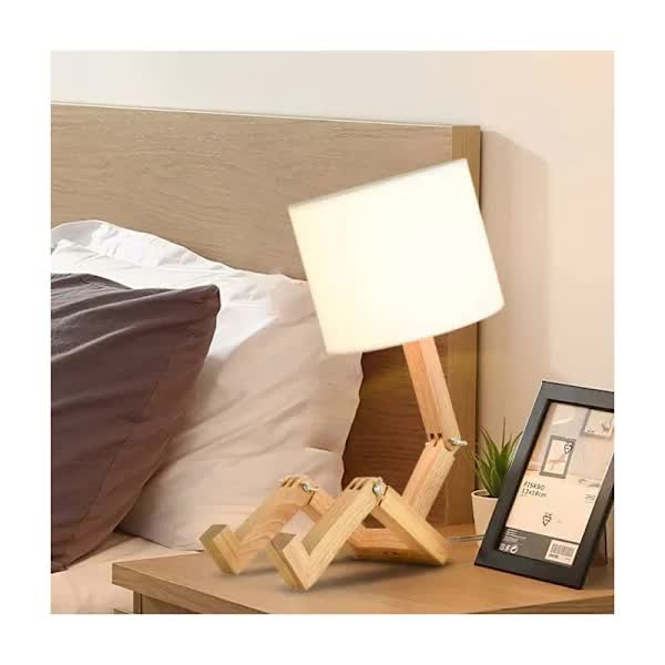 Creative Robot Table Lamp, Height Adjustable, Can Hold Books, Wooden Bedside Lamp, Fabric Shade, E27 Screw Base, Decorative Lighting.