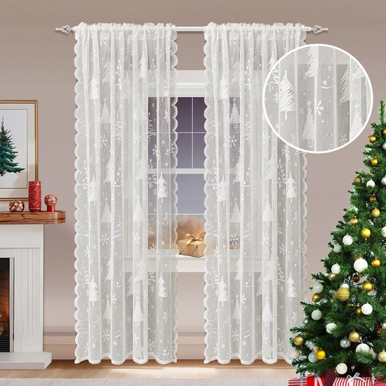 Window Screen - Ice Flower Christmas Tree Window Screen - Metal Mesh - European and American - Christmas - Curtain - Net Curtain 2-Piece Set (150*180cm)