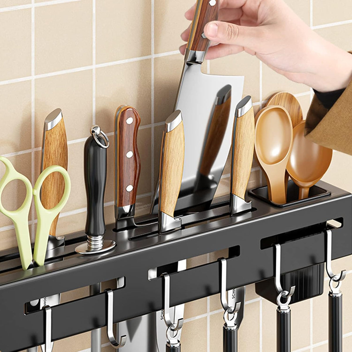 Self-Adhesive Kitchen Rail with 6 Hooks, No-Drill Wall Mount Utensil and Towel Hanging Rack for Kitchen Storage, Black