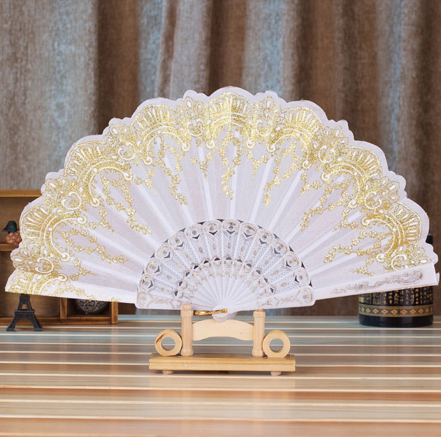 JWDX Folding Fan Clearance, Chinese Style Dance Wedding Party Lace Silk Folding Hand Held Flower Fan White White