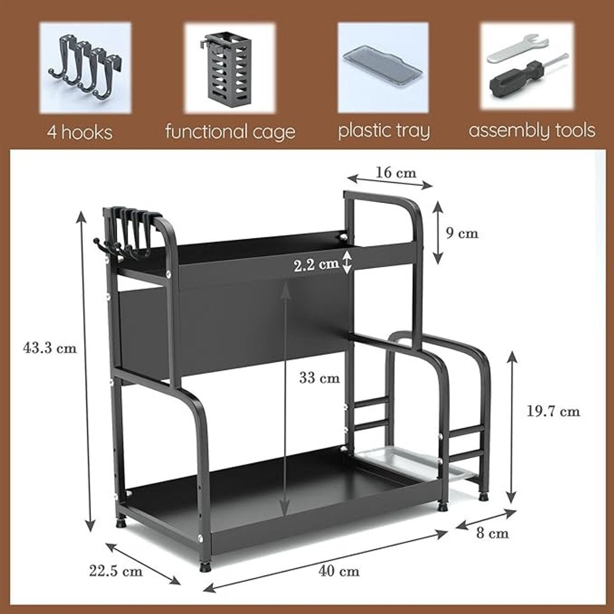 Extendable spice rack with storage accessories - 2 tiers