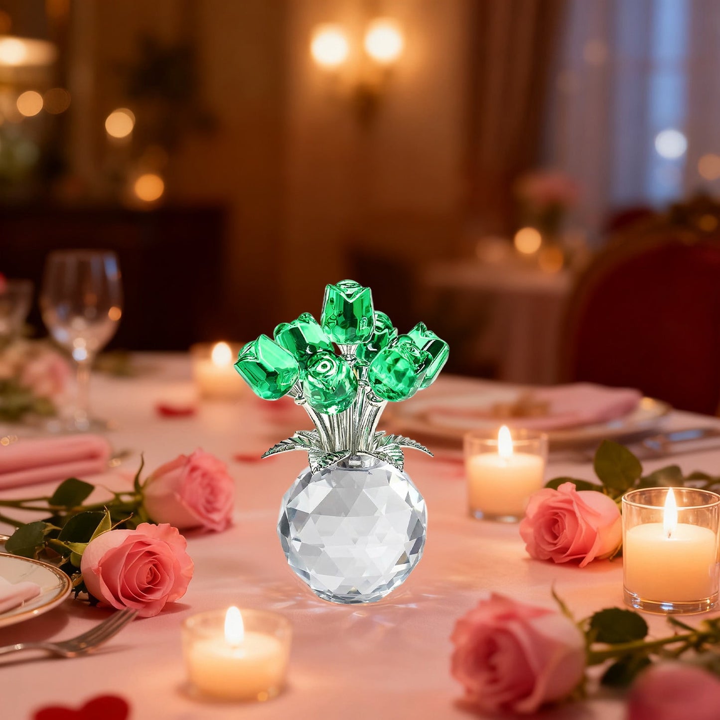 Clear Roses Bouquet Figurines, Glass Rose Flowers with Round Vase, Transparent Bouquet for Home Birthday Party Wedding Valentines Day Mother's Day Green