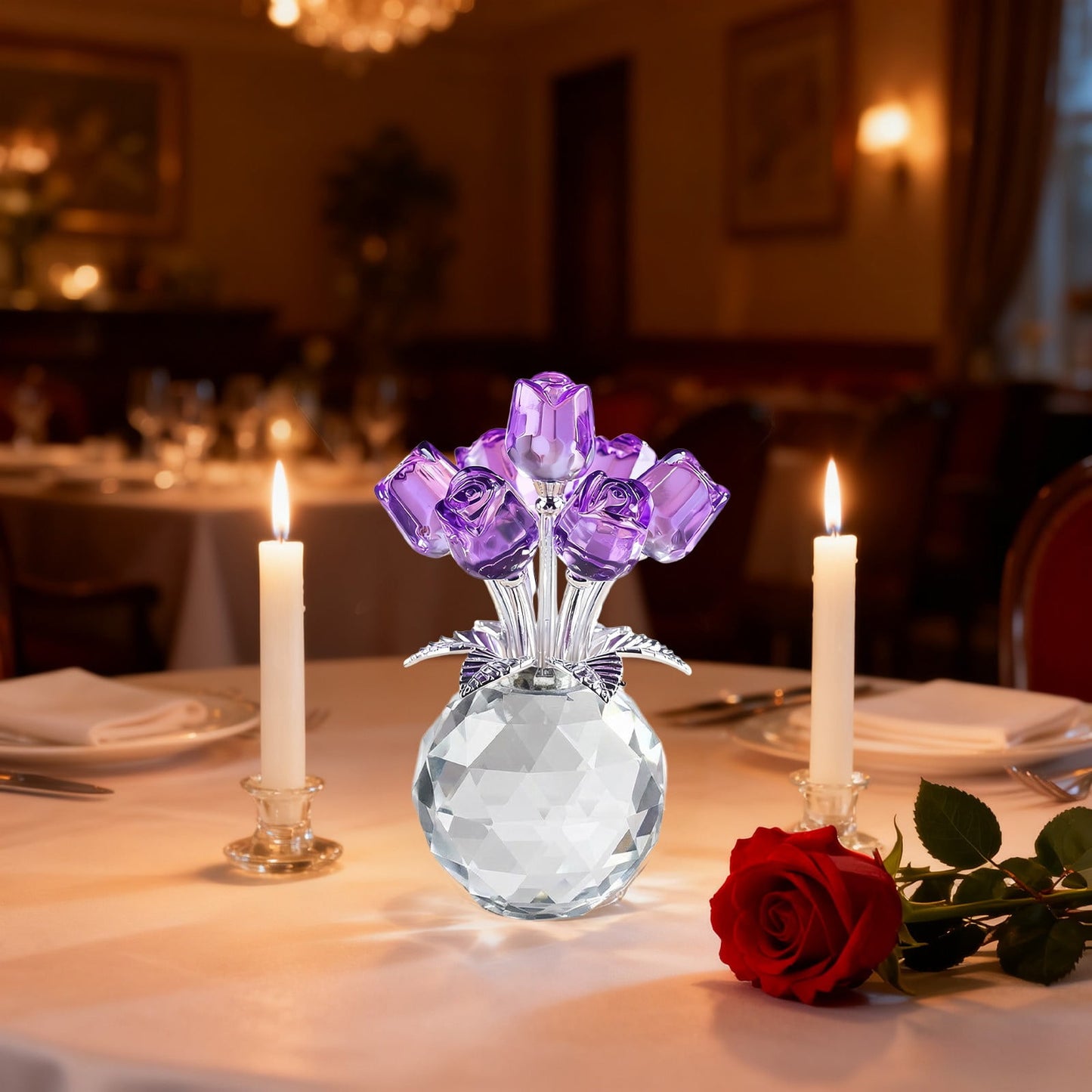 Clear Roses Bouquet Figurines, Glass Rose Flowers with Round Vase, Transparent Bouquet for Home Birthday Party Wedding Valentines Day Mother's Day Purple