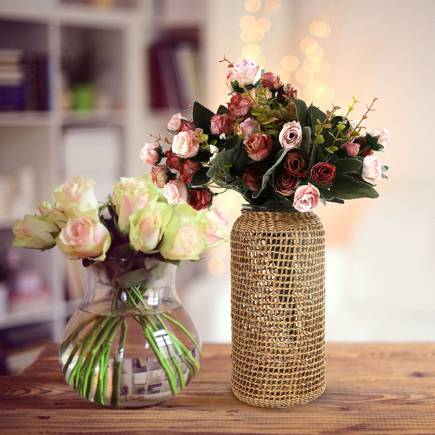 Boho Glass Vase with Rattan Sleeve, Rustic Farmhouse Round Decorative Flower Vase for Floral Arrangements and Table Centerpiece 4.3x4.3x9.8 inch