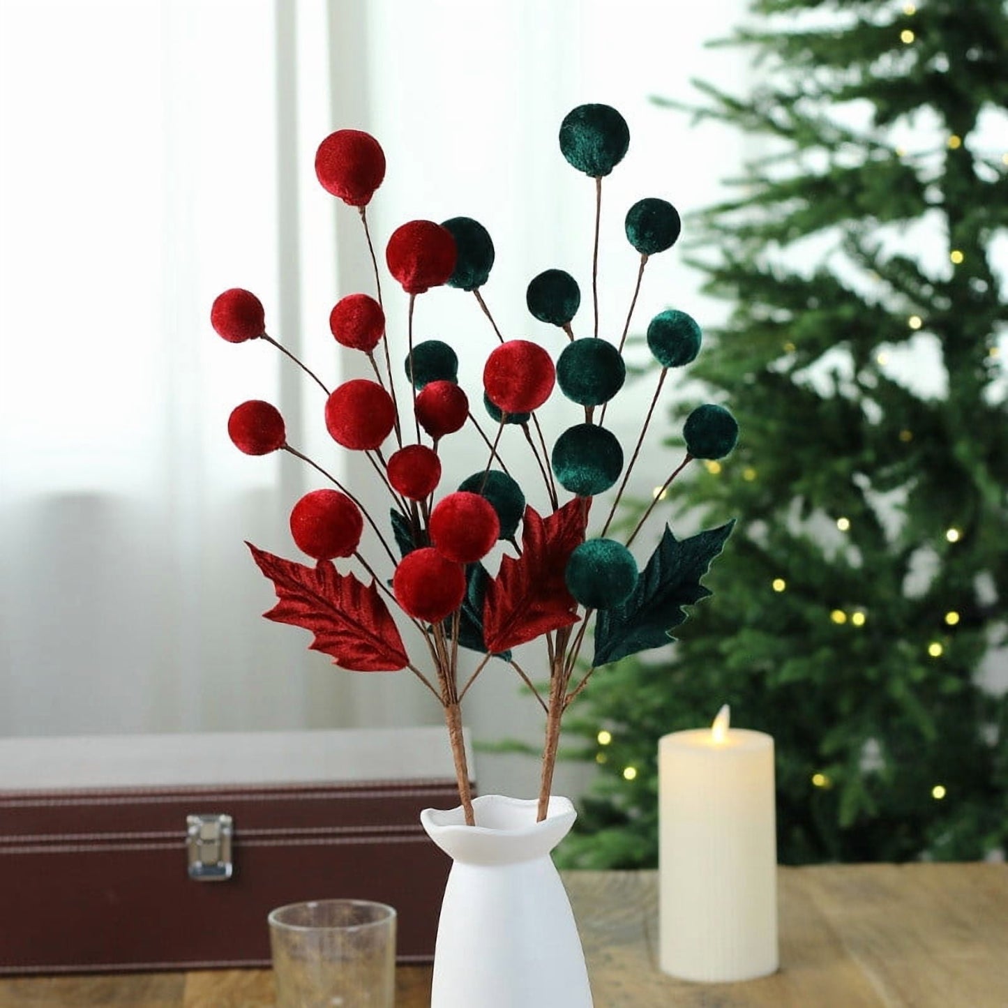 AYktou 21 Inch Christmas Artificial Flowers, Velvet Balls Fake Flowers with Branches, Elegant Unique Flower Arrangement Vase Layout, Christmas Plants for Living Room Dining Table Home Decor, White D