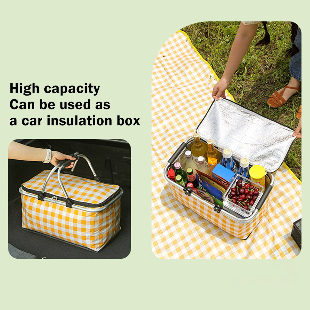 Picnic Basket, Collapsible Shopping Basket with Lid Large Market Basket with Handles Reusable Folding Grocery Basket Insulated Cooler Bag for Picnic Travel 18.5×8.7×10.6 in Pink
