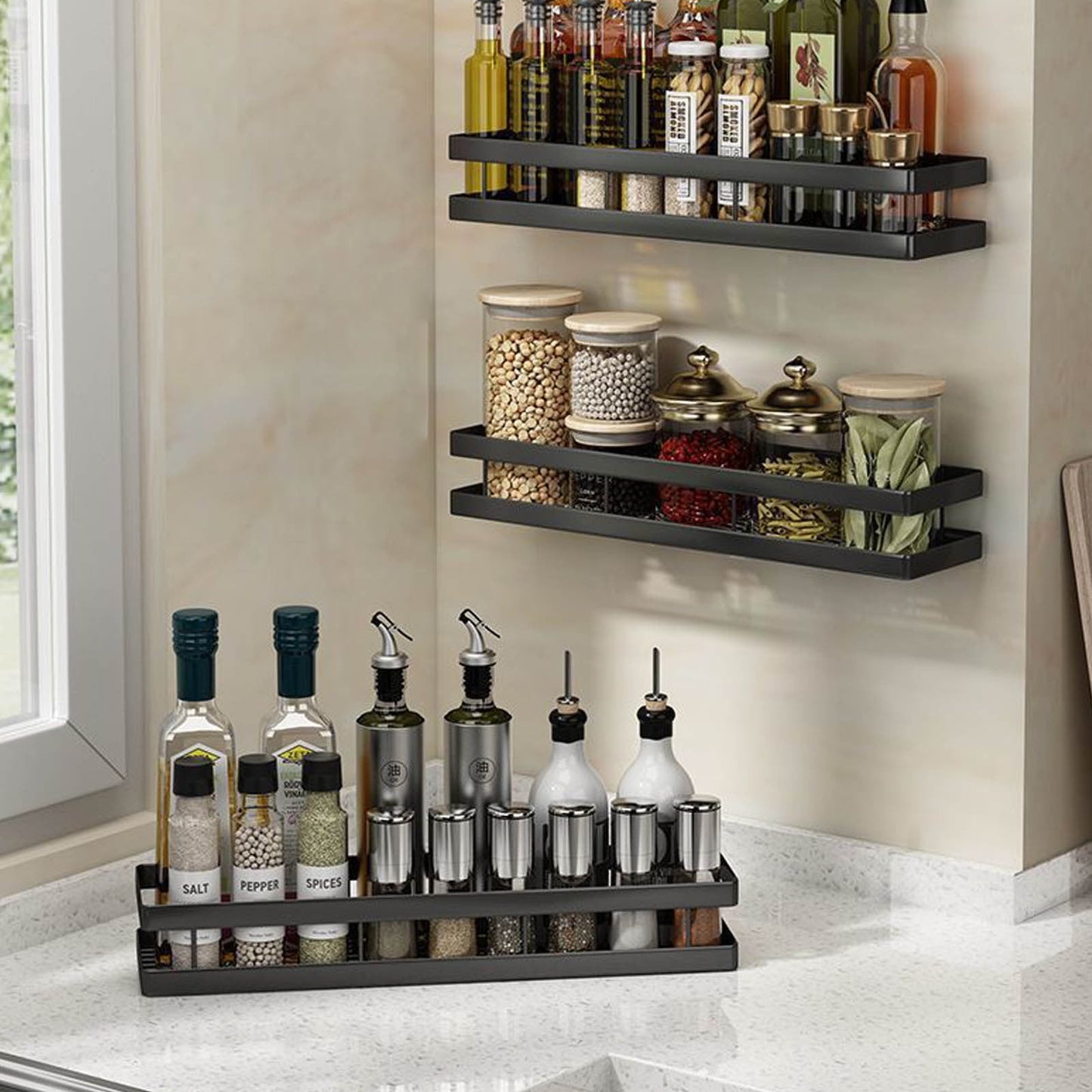 Metal Spice Rack, Wall Mount Floating Shelves, Black Storage organizer, Wall-mounted Household Spice Jars Rack, Wall Multi-function Storage Racks, for Cabinet Door, Pantry, Kitchen/Bathroom Supplies