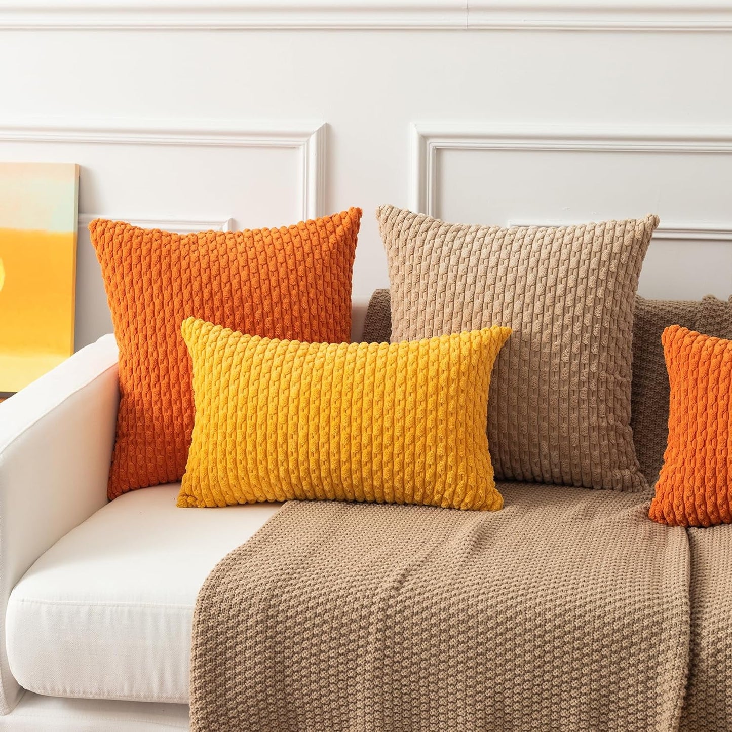 Holzlrgus Fall Set of 2 Striped Textured Velvet Corduroy Decorative Europe Sham Seasonal Autumn Throw Pillow Cushion Cover for Couch, (60x60 cm, 24inch), Burnt Brick