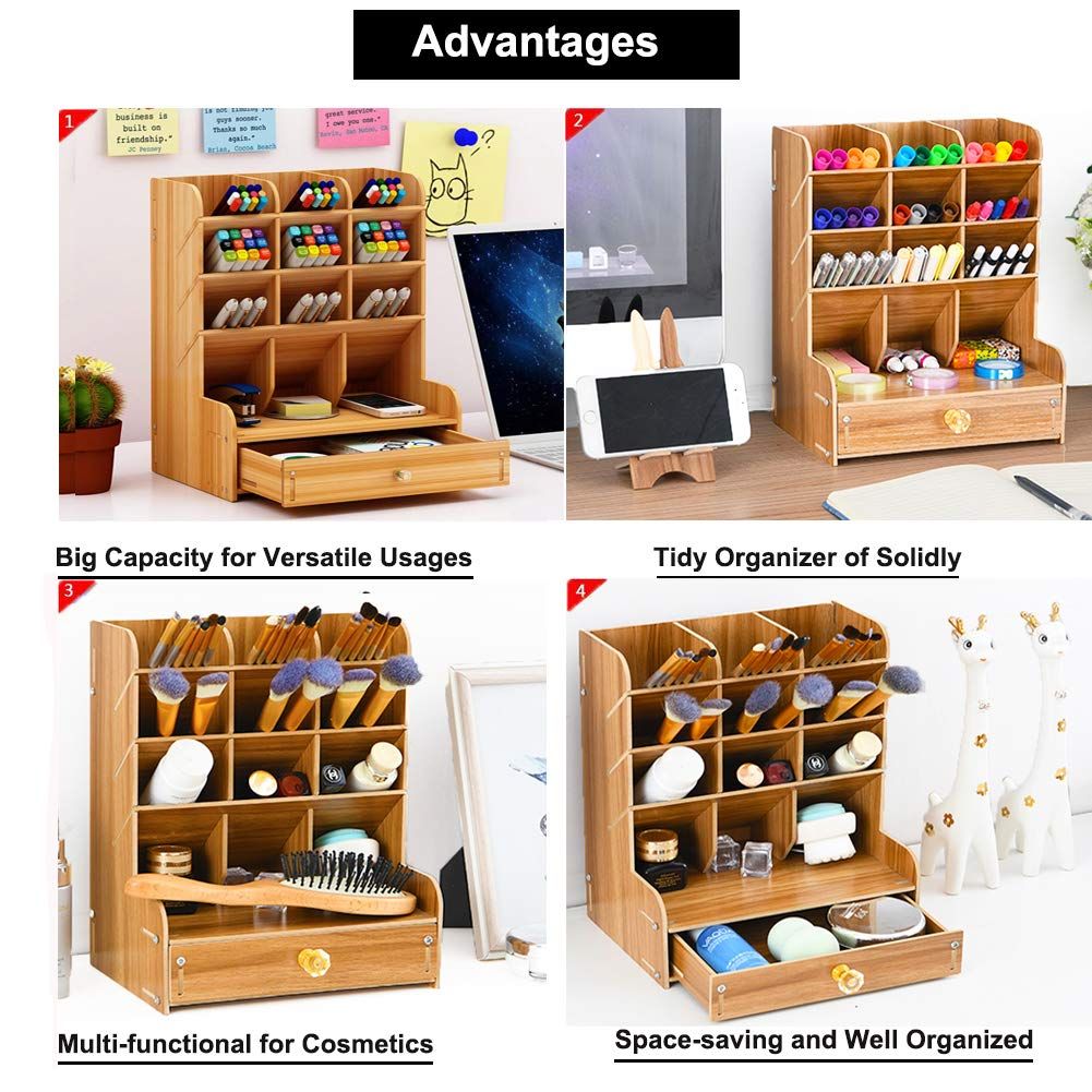 Wooden Desk Organizer with Drawer, DIY Pen Holder Storage Box Creative Desktop Storage Rack for Home, Office and Schoo