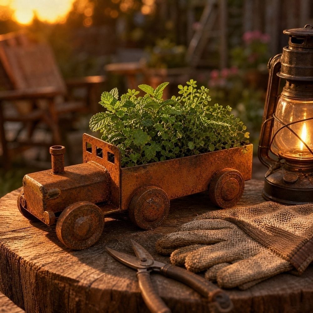 Antique Style Steam Train Planter Pot with Rustic Iron Finish, Decorative Locomotive Garden Sculpture and Courtyard Outdoor Ornament for Backyard Botanical Display