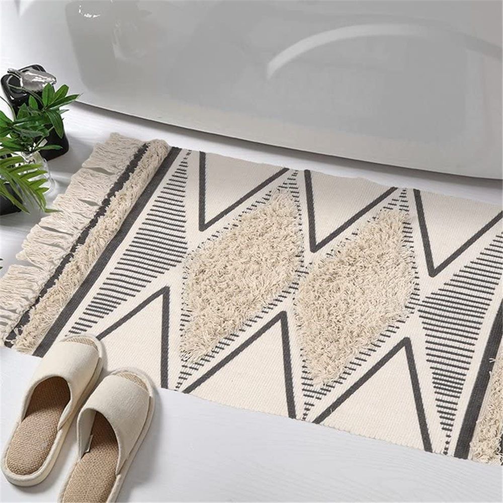 Boho Bathroom Rug Hand Woven Cotton Tufted Chic Diamond Print Tassels Throw Rugs Door Mat Indoor Area Rugs for Bedroom, Living Room, Laundry Room(60*90cm)