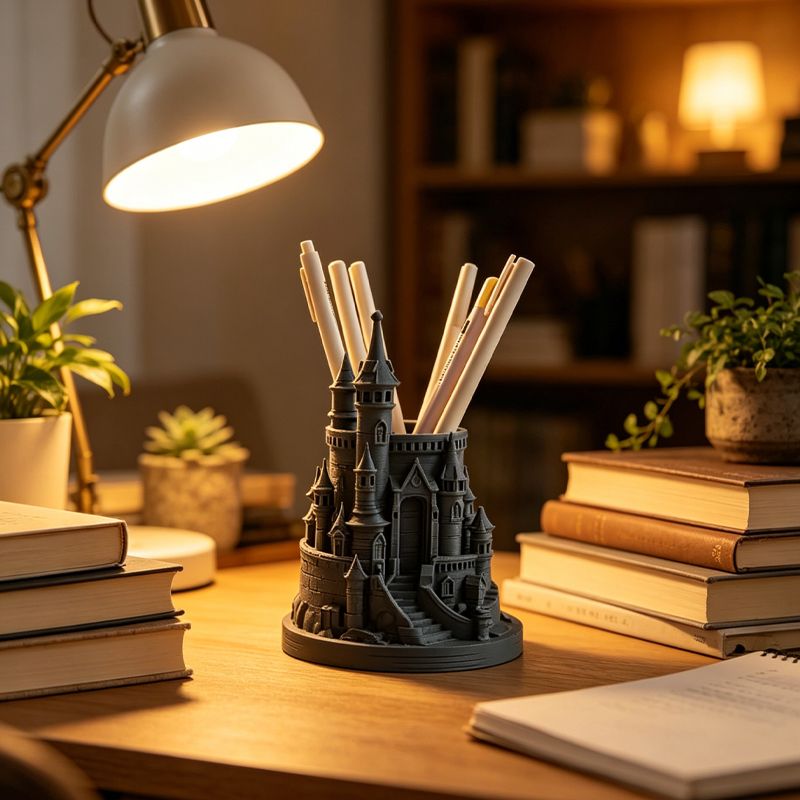 3D Printed Pen Castle Desktop Organizer, Black