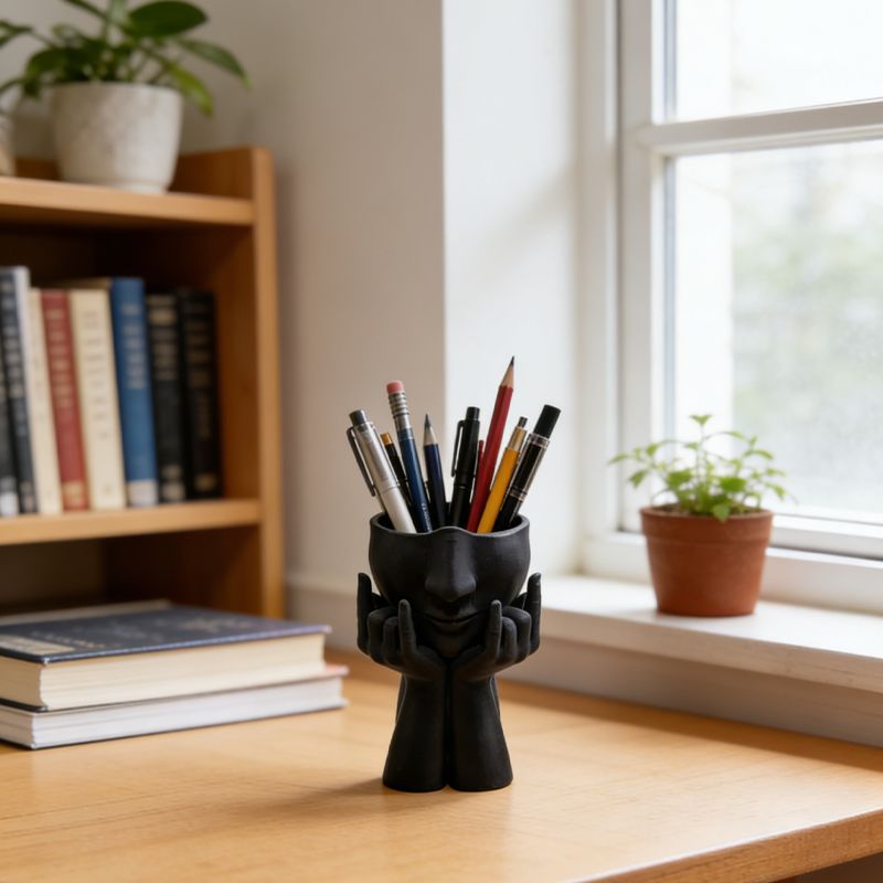 3D-printed rock face vase or office organizer, black.