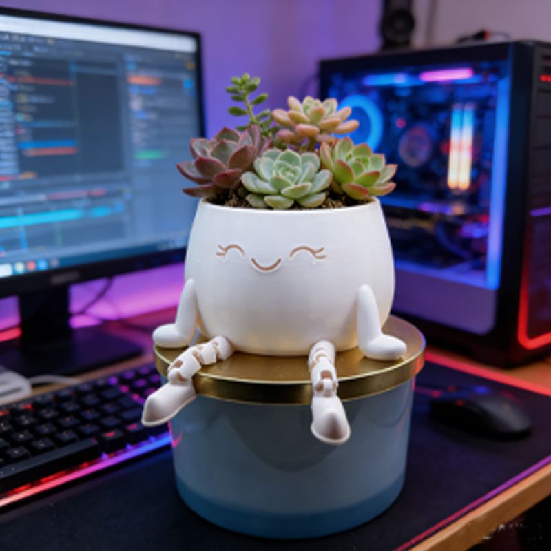 3D-printed sitting flower pot, white
