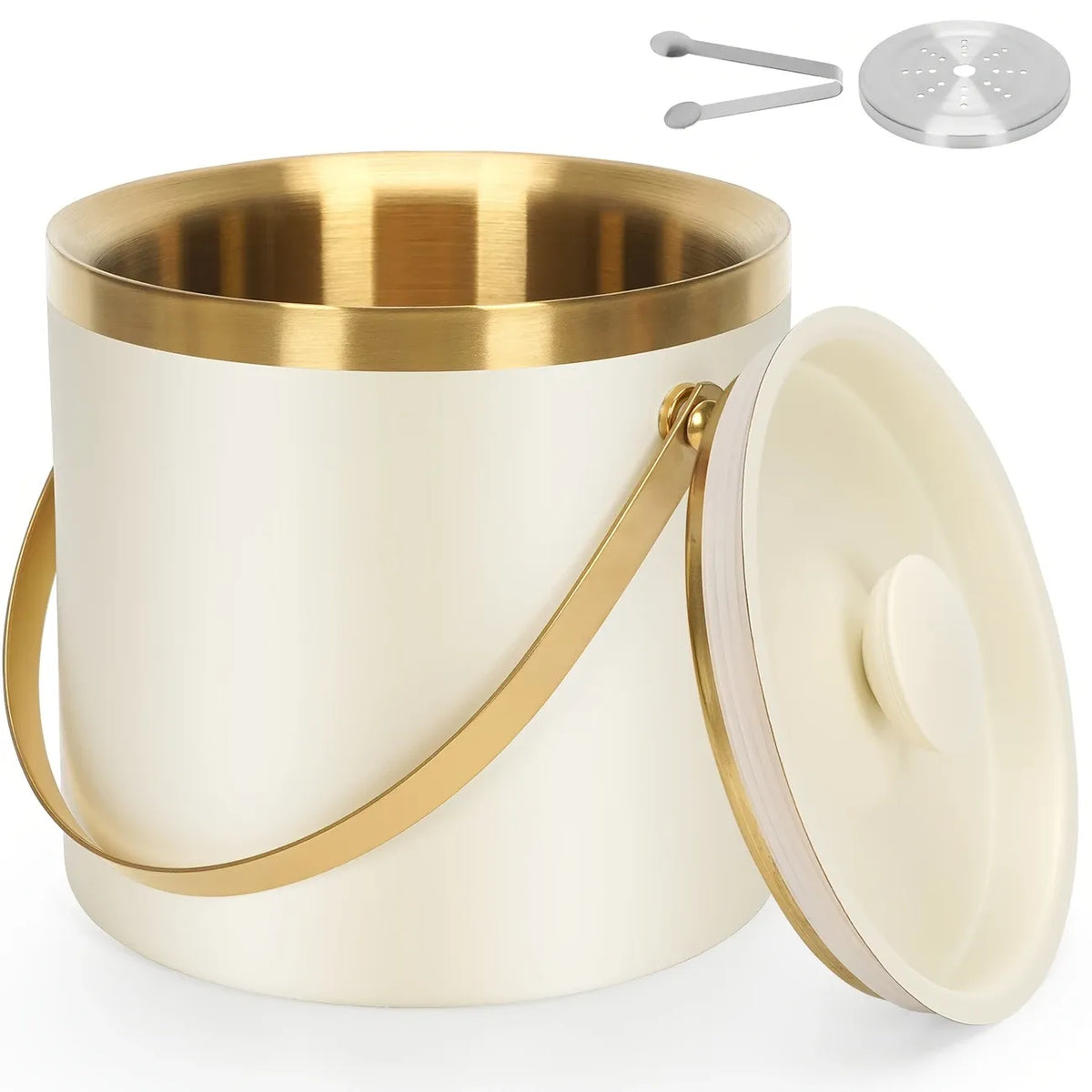 3L Stainless Steel Double-Wall Vacuum Ice Bucket with Lid & Tongs โ Home & Commercial Champagne Cooler.(white)