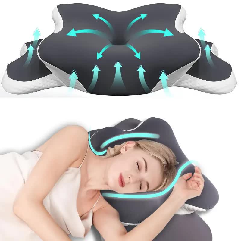 Dark grey Ergonomic Memory Foam Butterfly Neck Pillow, C-shaped/Dual Height Adjustable, with Transparent Lid Support – for Side Sleeping, Back Sleeping, and Pillow-Assisted Sleep, Ideal for Travel and Bed Use