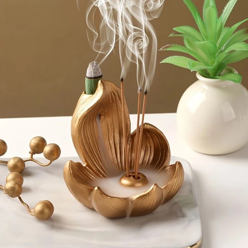 One lotus-shaped incense cone, a multifunctional home decoration piece, suitable for yoga and meditation.(golden)