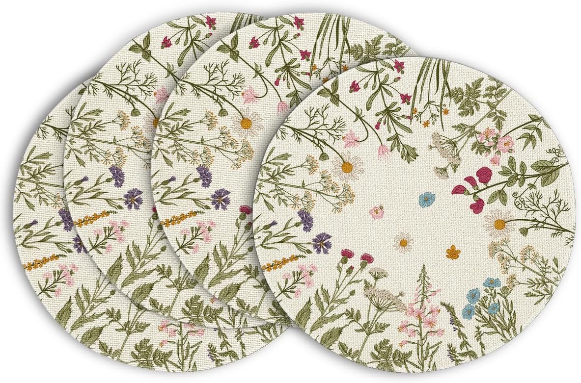 Antique Herbs Wild Flowers Spring Placemats Set of 4, 14 Inch Summer Round Table Mats for Dining Decoration