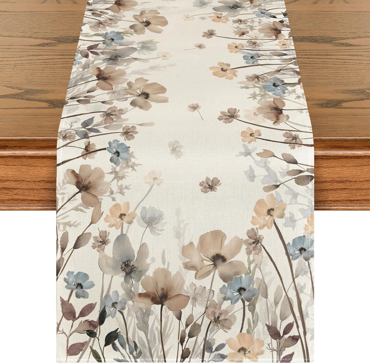 Brown Poppy Flowers Floral Blossom Summer Table Runner, Fall Kitchen Dining Table Decoration for Home Party Decor 13x72 Inch