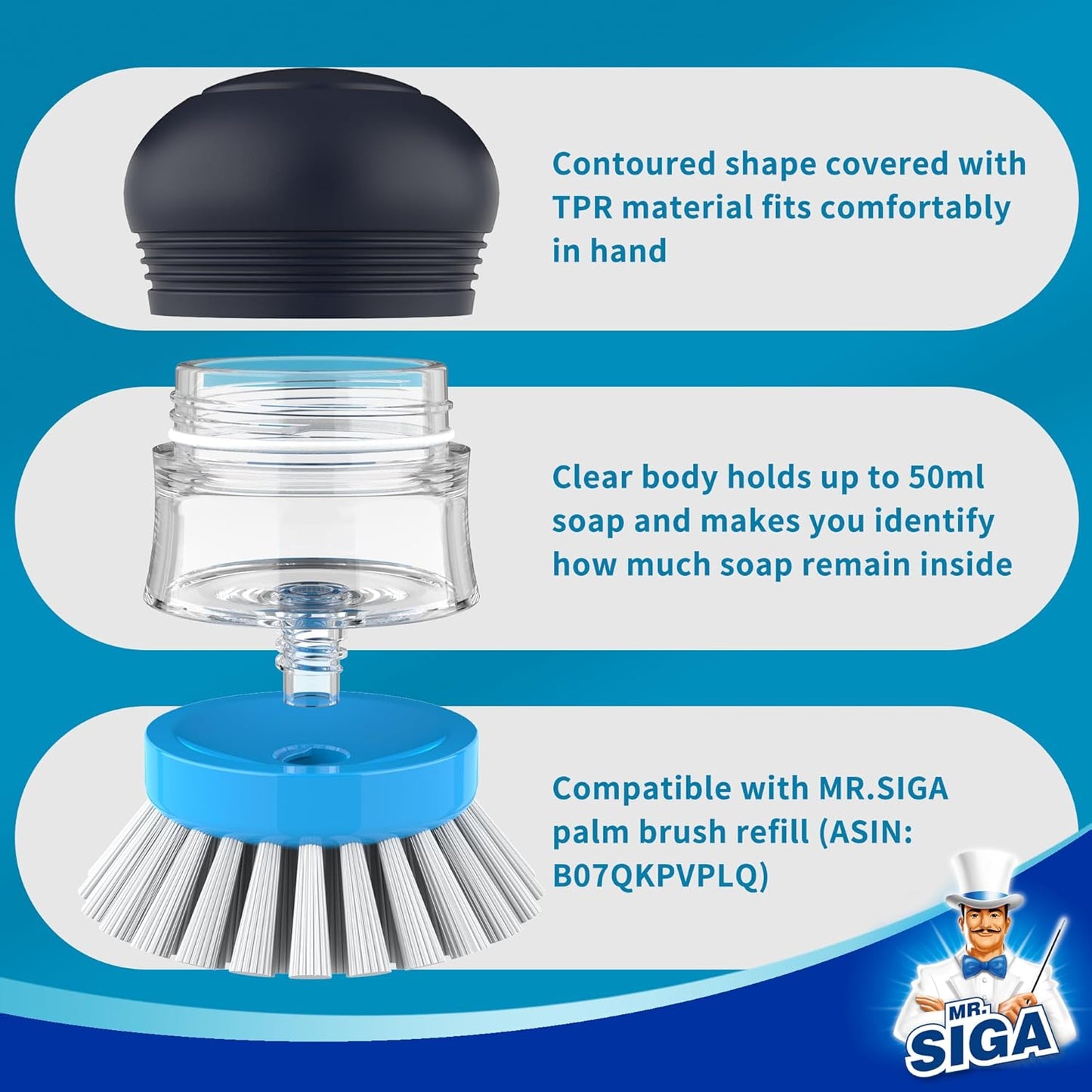 Soap Dispensing Palm Brush, Kitchen Brush for Dish Pot Pan Sink Cleaning, Pack of 1, Navy/Blue