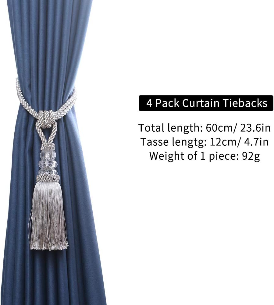2 Pack Curtain Hand-Woven Tiebacks Crystal Holdbacks Home Decorative (Silver, 2 Pack)